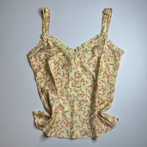 Vintage Satin Yellow Ditsy Floral Tank Top Camisole Yellow Pink Ruffle Cottage M